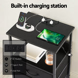 Artiss Bedside Table LED Nightstand Charging Station 2 Drawers Foldable Black - Rear View