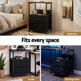 Artiss Bedside Table LED Nightstand Charging Station 2 Drawers Foldable Black - Low Angle