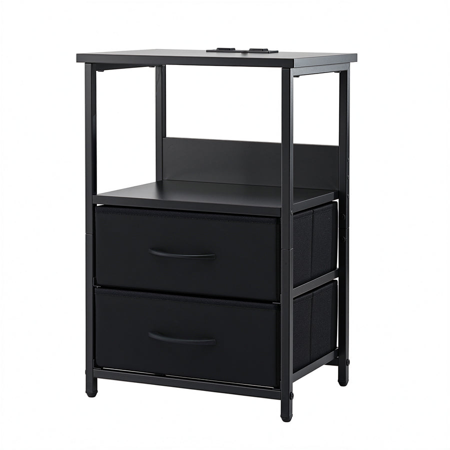 Artiss Bedside Table LED Nightstand Charging Station 2 Drawers Foldable Black