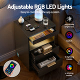 Artiss Bedside Table LED Nightstand Charging Station 2 Drawers - Black - 45-Degree Angle