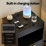 Artiss Bedside Table LED Nightstand Charging Station 2 Drawers - Black - Rear View