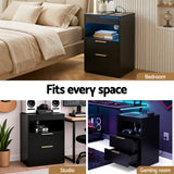 Artiss Bedside Table LED Nightstand Charging Station 2 Drawers - Black - Low Angle
