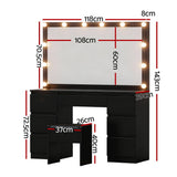 Artiss Dressing Table Vanity Desk Set Stool 12 Led Bulbs Black - Side View