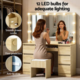 Artiss Dressing Table Vanity Desk Set Stool 12 Led Bulbs Wood - Close-Up Angle