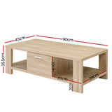 Artiss Coffee Table 1 Drawer Oak Maxi - Front View