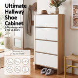 Artiss Narrow Shoe Cabinet Adjustable Shelves Flip-up Door White & Pine - Rear View