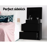 Artiss Bedside Table 2 Drawers Lift-up Storage - COLEY Black - Side View
