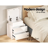 Artiss Bedside Table LED 2 Drawers Lift-up Storage - COLEY White - 45-Degree Angle