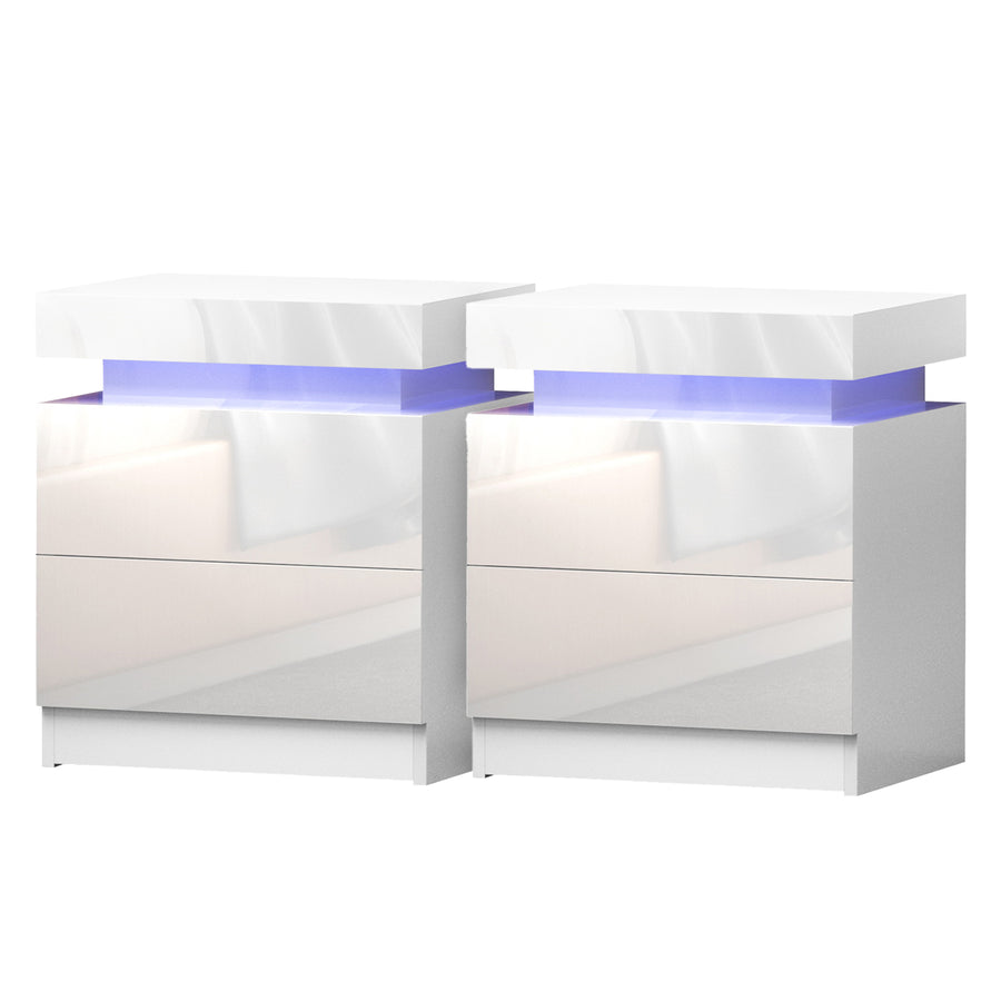 Artiss 2X Bedside Table LED 2 Drawers Lift-up Storage - COLEY White