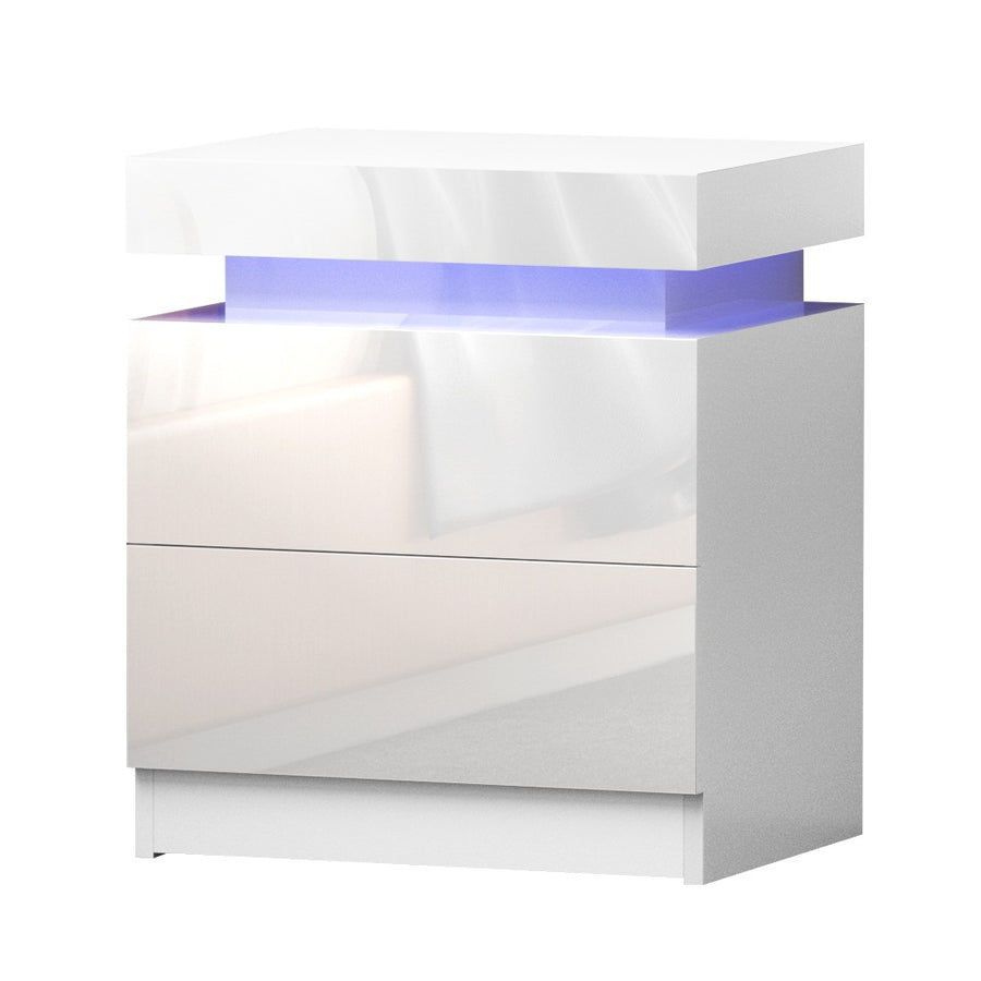 Artiss 2X Bedside Table LED 2 Drawers Lift-up Storage - COLEY White