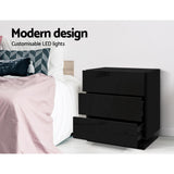 Artiss Bedside Table LED 3 Drawers - MORI Black - Top-Down View