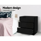 Artiss 2x Bedside Table LED 3 Drawers - MORI Black - 45-Degree Angle