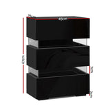 Artiss Bedside Table LED 3 Drawers - LUMI Black - Front View
