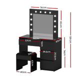 Artiss Dressing Table Set Stool 12 Led Bulbs Black - Side View