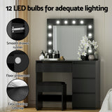 Artiss Dressing Table Set Stool 12 Led Bulbs Black - Close-Up Angle