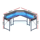 Artiss L-Shape Gaming Desk Computer Desks RGB LED Power Outlet 130cm Black - Front View
