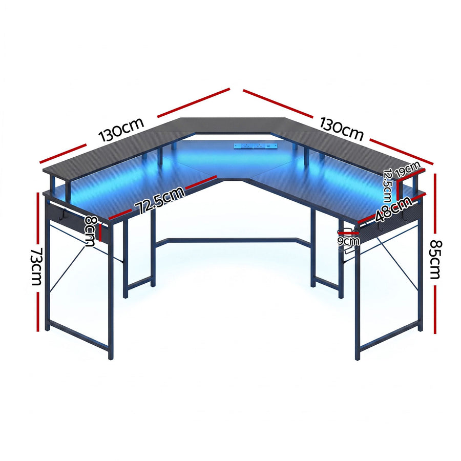 Artiss L-Shape Gaming Desk Computer Desks RGB LED Power Outlet 130cm Black