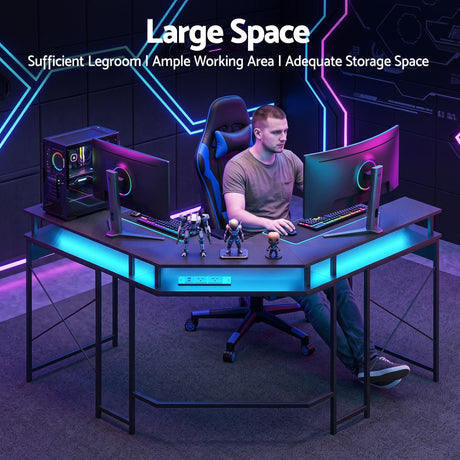 Artiss L-Shape Gaming Desk Computer Desks RGB LED Power Outlet 130cm Black, image 6