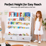 Keezi Kids Bookshelf Metal Storage Rack Toy Organiser Display Shelf Drawer White - 45-Degree Angle