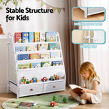 Keezi Kids Bookshelf Metal Storage Rack Toy Organiser Display Shelf Drawer White - Low Angle