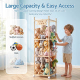 Keezi Stuffed Animal Storage Wooden Toy Holder with Wheels Soft Toy Storage Zoo Cage Stuffy Toy Storage Organizers with Elastic Cords for Playroom Bedroom Nursery - 45-Degree Angle