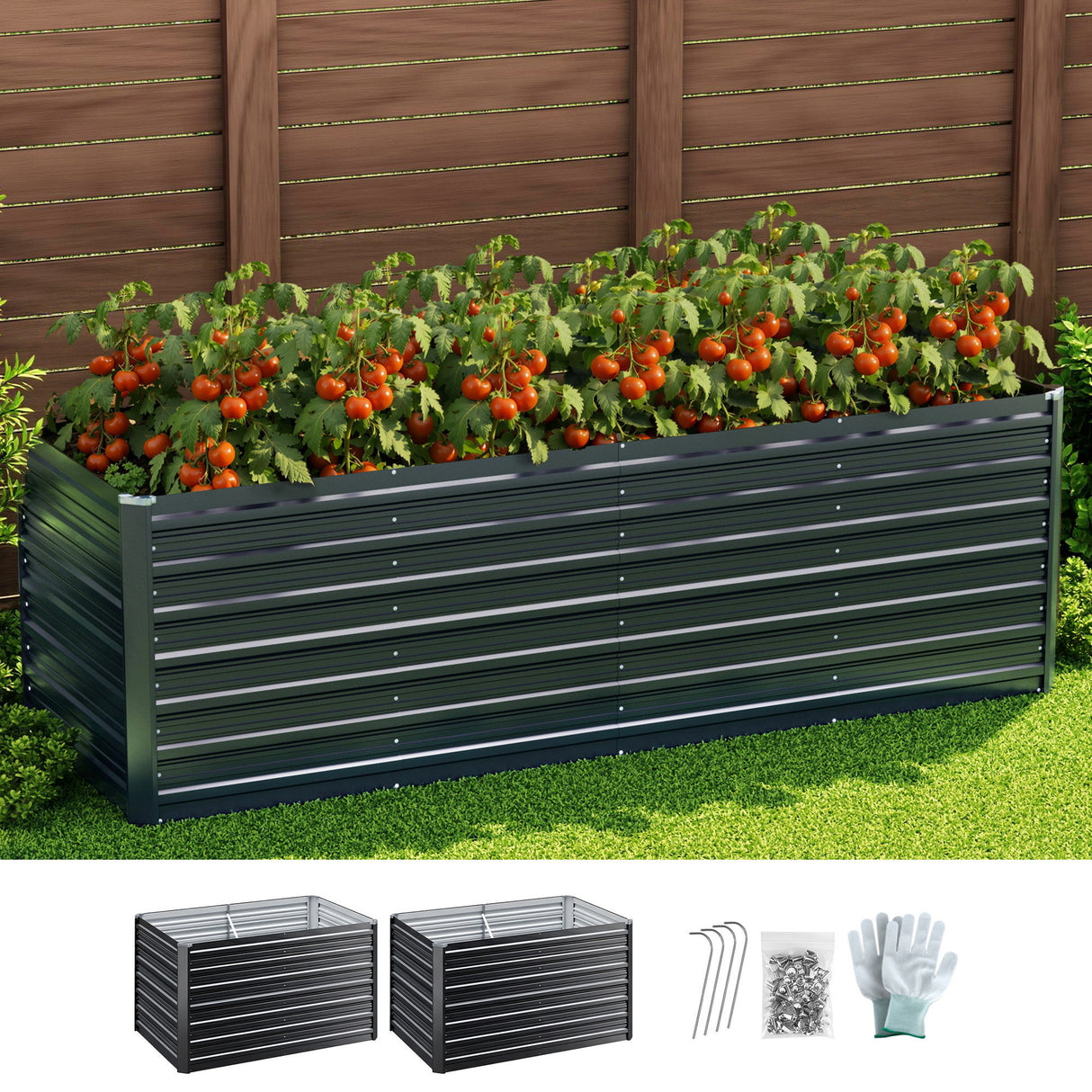Green Fingers 2-in-1 Raised Garden Bed Kit, 240cm/120cm| 77cm Extra Deep Ergonomic Planter Box | Protect Your Back | Galvanised Steel Vegetable Flower Pot for Outdoor Garden | Includes Gloves & Pegs