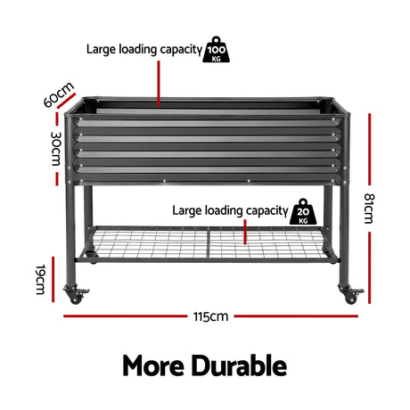 Green Fingers Mobile Raised Garden Bed With Wheels Storage Shelf 81cm Height for Vegetables Herb Charcoal, Storage