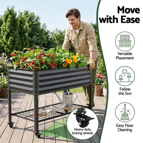 Green Fingers Mobile Raised Garden Bed With Wheels Storage Shelf 81cm Height for Vegetables Herb Charcoal, image 4