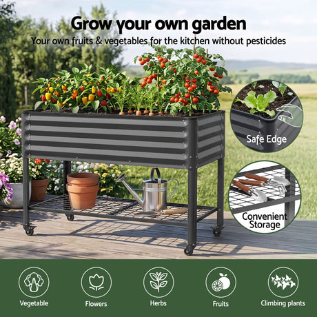 Green Fingers Mobile Raised Garden Bed With Wheels Storage Shelf 81cm Height for Vegetables Herb Charcoal, image 7