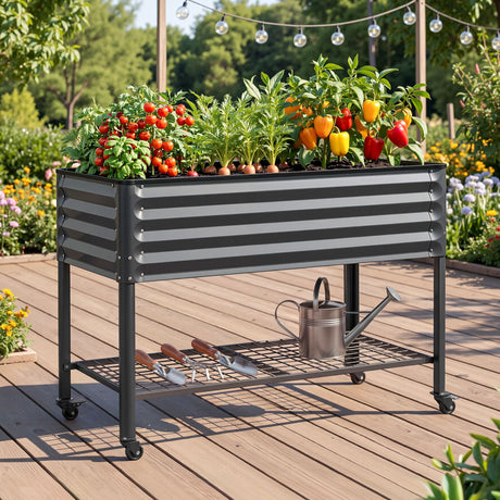 Green Fingers Mobile Raised Garden Bed With Wheels Storage Shelf 81cm Height for Vegetables Herb Charcoal, image 9