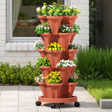 Green Fingers Raised Garden Bed 5 Tier Vertical Garden Brick Red Strawberry Stackable Planters Herbs Petunias - Close-Up Angle