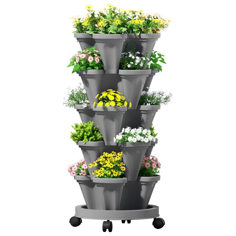 Green Fingers Raised Garden Bed 5 Tier Vertical Garden Grey Strawberry Stackable Planters Herbs Petu