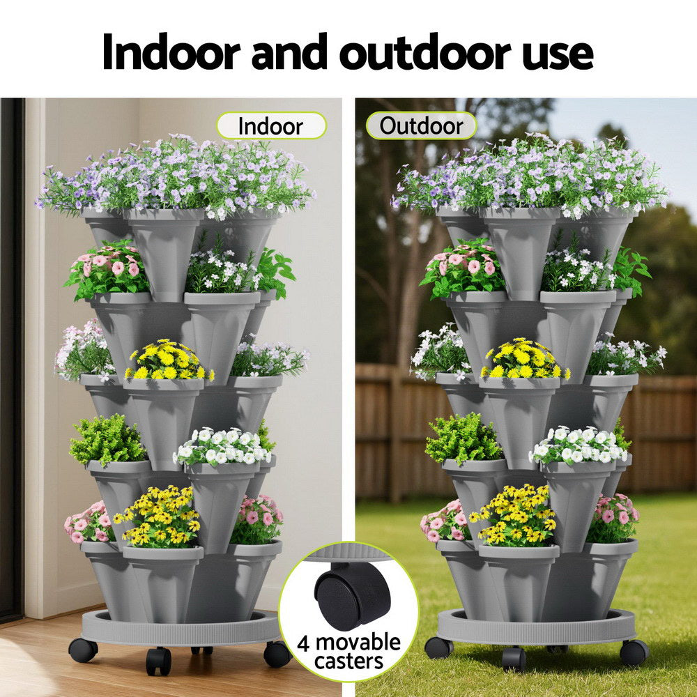Green Fingers Raised Garden Bed 5 Tier Vertical Garden Grey Strawberry Stackable Planters Herbs Petu