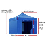 Instahut Gazebo Pop Up Marquee 3x3 Folding Tent Wedding Gazebos 500D Oxford Blue - Front View