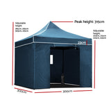 Instahut Gazebo 3x3 Pop Up Marquee Folding Wedding Tent Gazebos Camping Outdoor Shade Canopy Navy - Front View