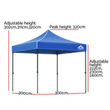 Instahut Gazebo Pop Up 3x3m w/Base Podx4 Marquee Folding Outdoor Wedding Camping Tent Shade Canopy Blue - Front View