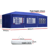 Instahut Gazebo 3x9m Marquee Wedding Party Tent Outdoor Camping Side Wall Canopy 8 Panel Blue - Front View