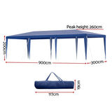 Instahut Gazebo 3x9m Wedding Party Marquee Tent Outdoor Event Camping Shade Blue - Front View