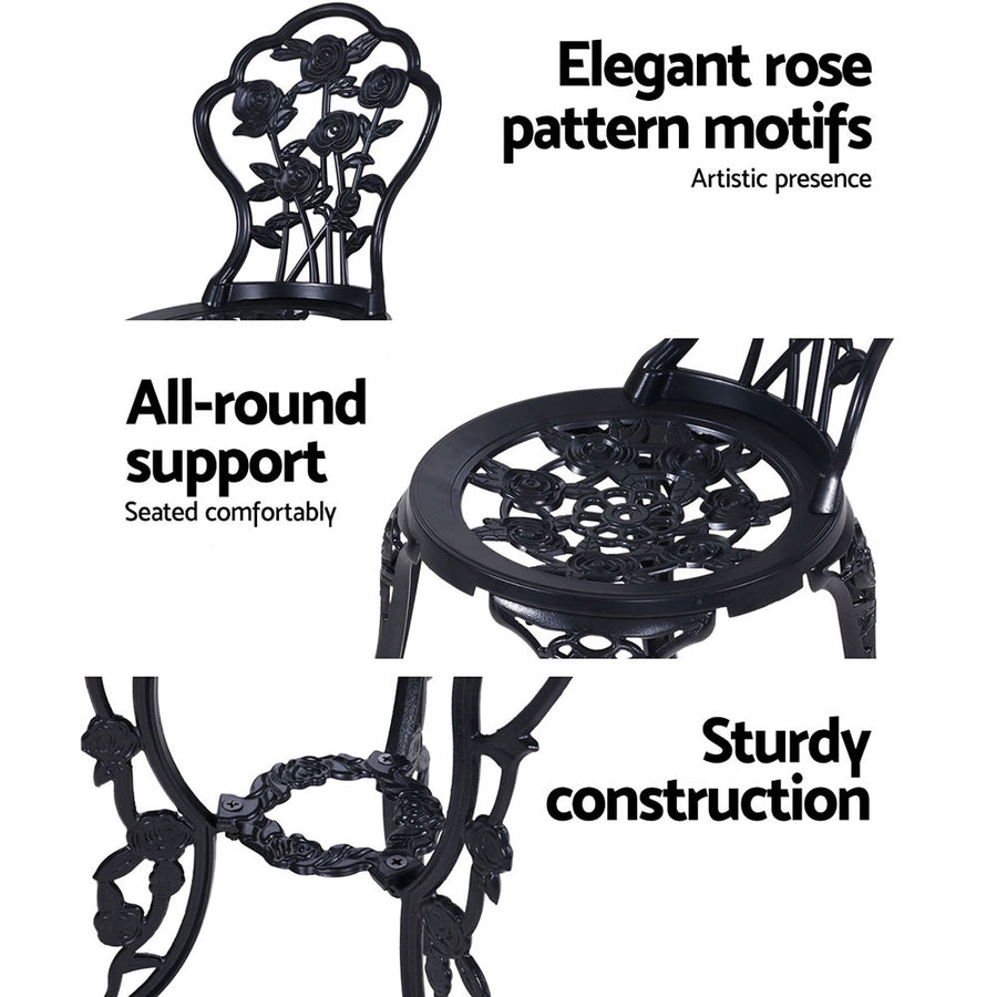Gardeon 3PC Outdoor Setting Bistro Set Chairs Table Cast Aluminum Rose Black, image 4
