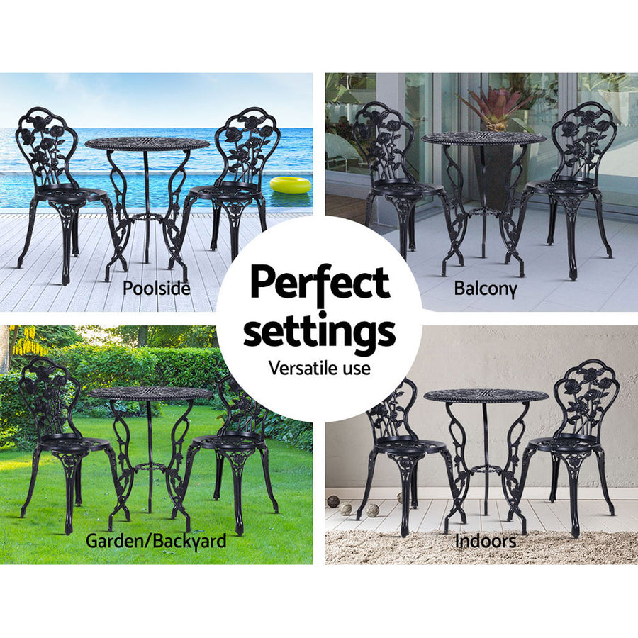 Gardeon 3PC Outdoor Setting Bistro Set Chairs Table Cast Aluminum Rose Black, image 6