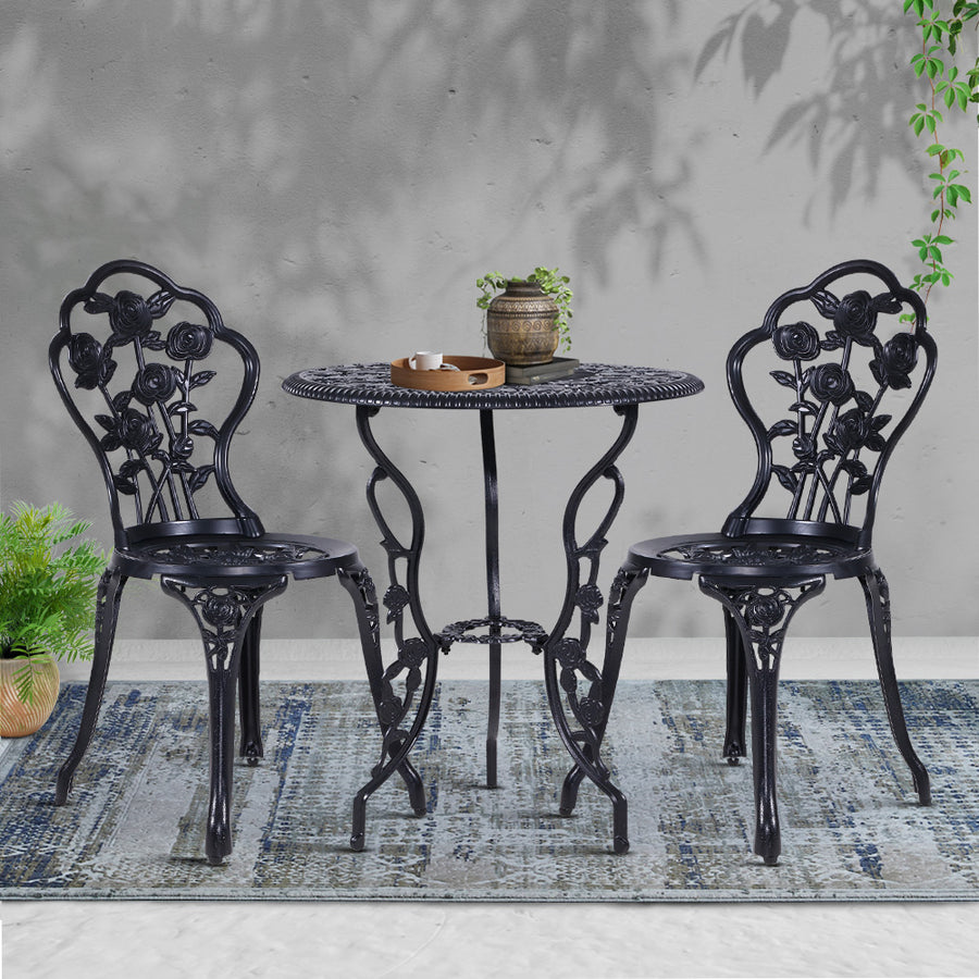 Gardeon 3PC Outdoor Setting Bistro Set Chairs Table Cast Aluminum Rose Black, image 7
