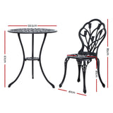 Gardeon 3PC Outdoor Setting Bistro Set Chairs Table Cast Aluminum Patio Furniture Tulip Black - Front View