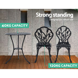 Gardeon 3PC Outdoor Setting Bistro Set Chairs Table Cast Aluminum Patio Furniture Tulip Black - 45-Degree Angle