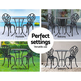 Gardeon 3PC Outdoor Setting Bistro Set Chairs Table Cast Aluminum Patio Furniture Tulip Black - Rear View