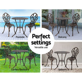 Gardeon 3PC Outdoor Setting Bistro Set Chairs Table Cast Aluminum Patio Furniture Tulip Bronze - Rear View