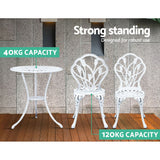 Gardeon 3PC Outdoor Setting Bistro Set Chairs Table Cast Aluminum Patio Furniture Tulip White - 45-Degree Angle