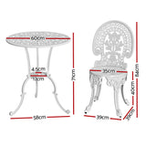 Gardeon 3PC Patio Furniture Outdoor Bistro Set Dining Chairs Aluminium White - Front View