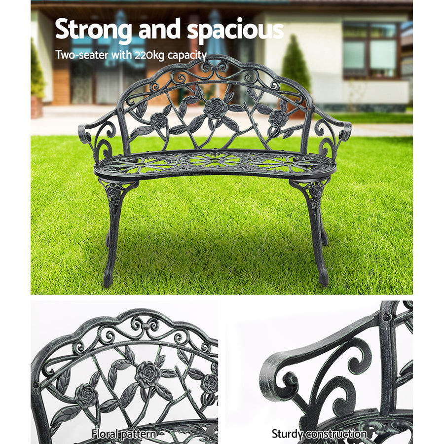 Gardeon Outdoor Garden Bench Seat 100cm Cast Aluminium Patio Chair Vintage Green, image 5