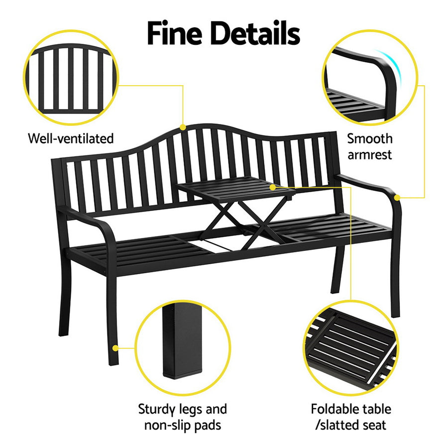 Gardeon Outdoor Garden Bench Seat Loveseat Steel Foldable Table Patio Furniture Black, image 5