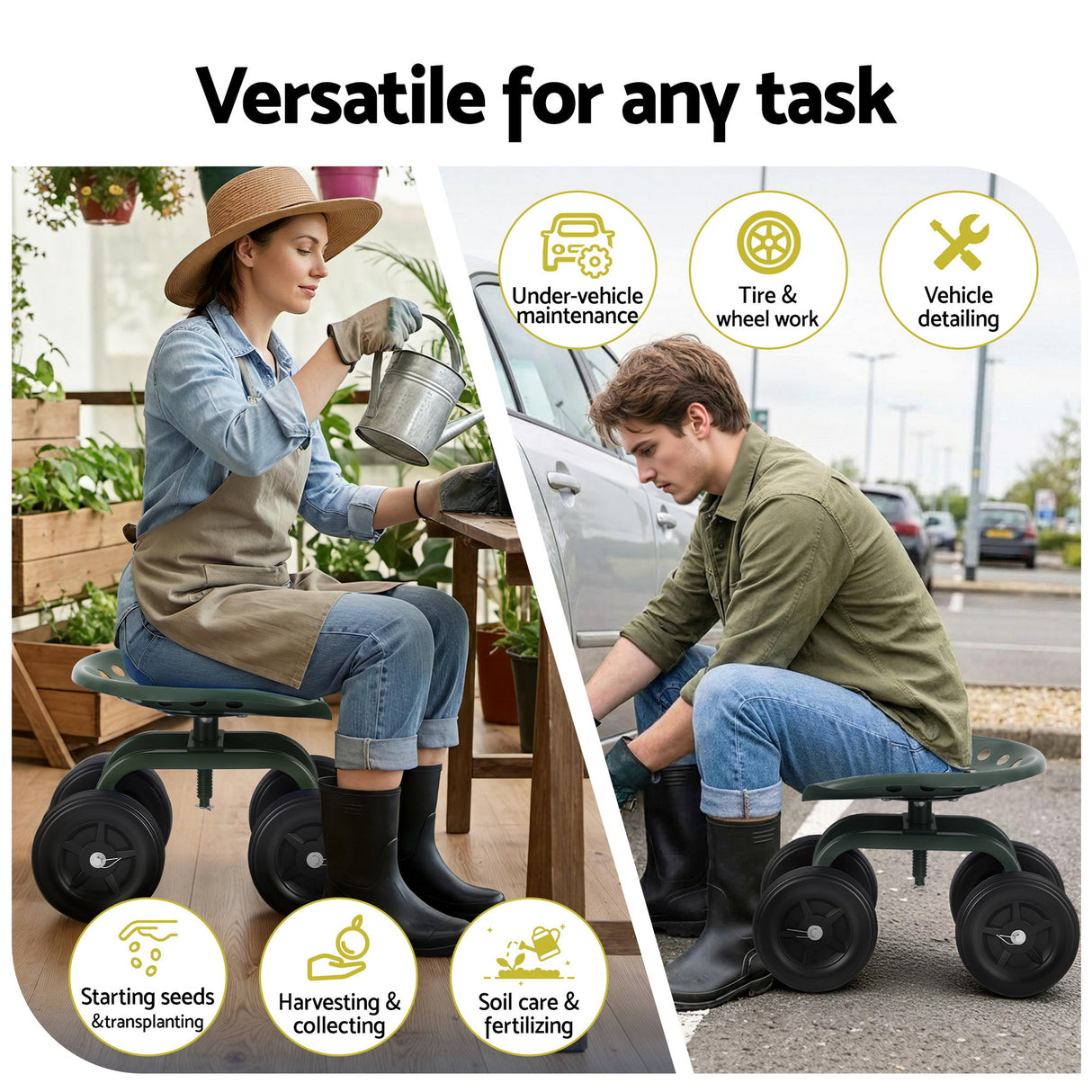 Gardeon Garden Seat 360 Swivel Rolling Adjustable Height Work Scooter Cart Wheels Heavy Duty 150kg